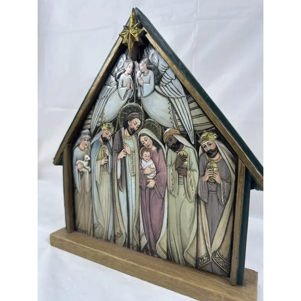 Hand Painted Relief Tile Nativity Holy Family Christmas Primitive Religious